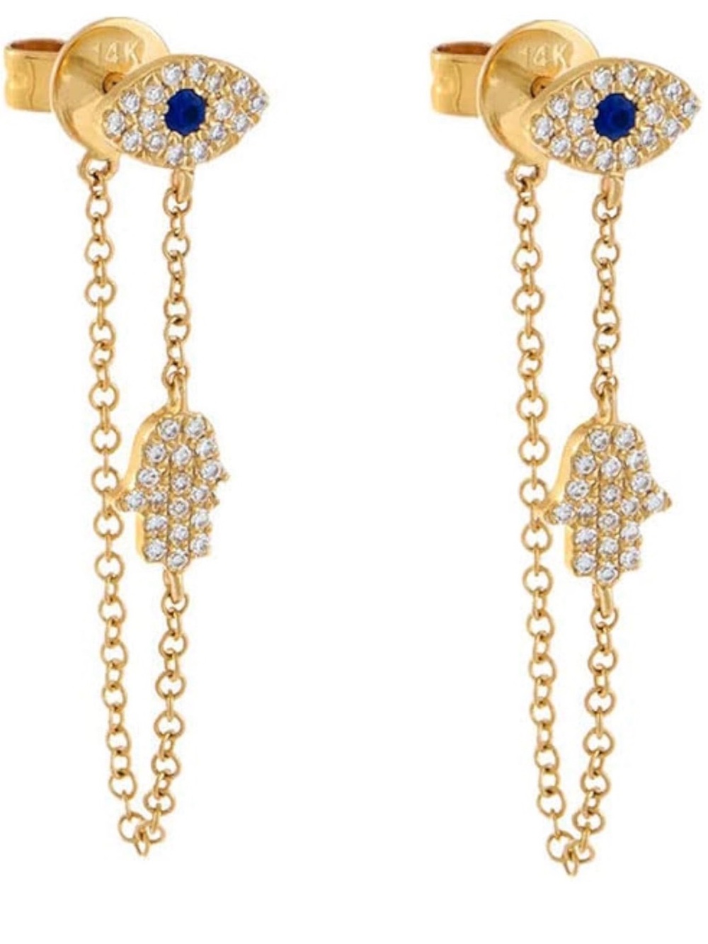Gold color  Hamsa & Blue Evil Eye Chain Drop Earrings